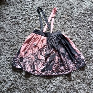 Pink and Black Lolita Graphic Skirt with Suspenders Womens Medium